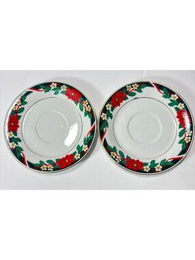 Tienshan Deck The Halls Christmas Saucer Set Of 2 Christmas Holiday Vintage 1990